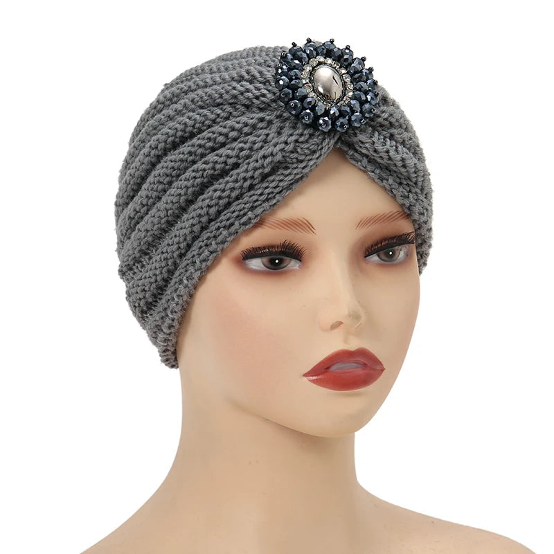 Women Hat Knitted Turban Muslim Chemo Cap Underscarf Rhinestone Headwrap Bonnet Covers Hair Bandanas Head Scarf Beanie India Cap