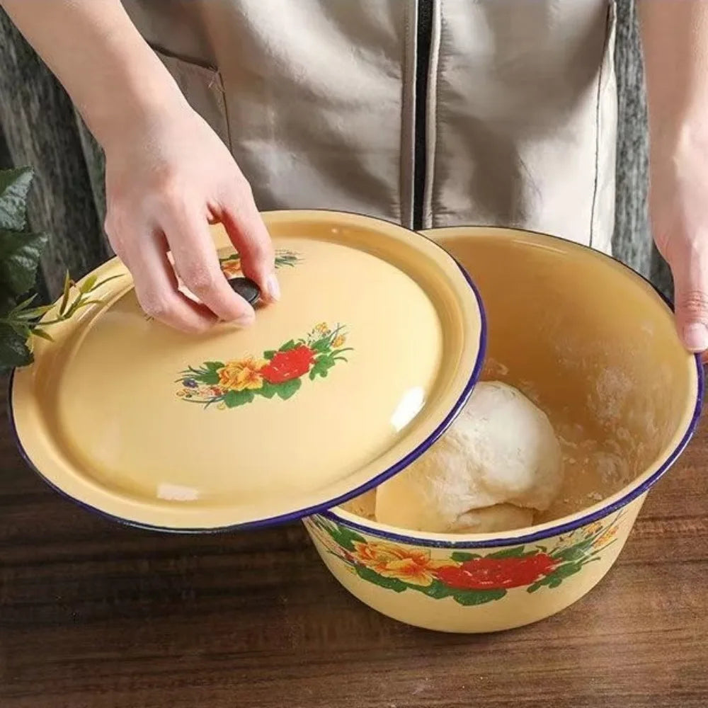 Food Storage Pot Vintage Enamel Bowls with Lid Yellow Lard Pot Random Pattern Rustproof Soup Container Noodle