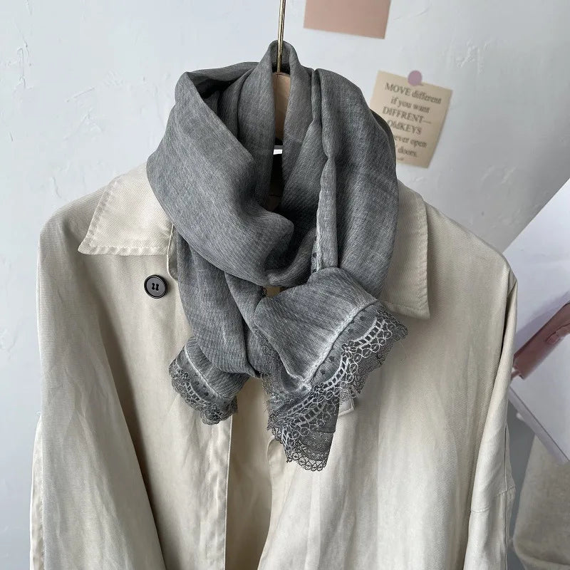 Flaxen Lace Cotton Linen Scarf Women's Winter Shawl Dual-purpose Spring Autumn Foreign Style Fashion Silk Solid Color Yarn