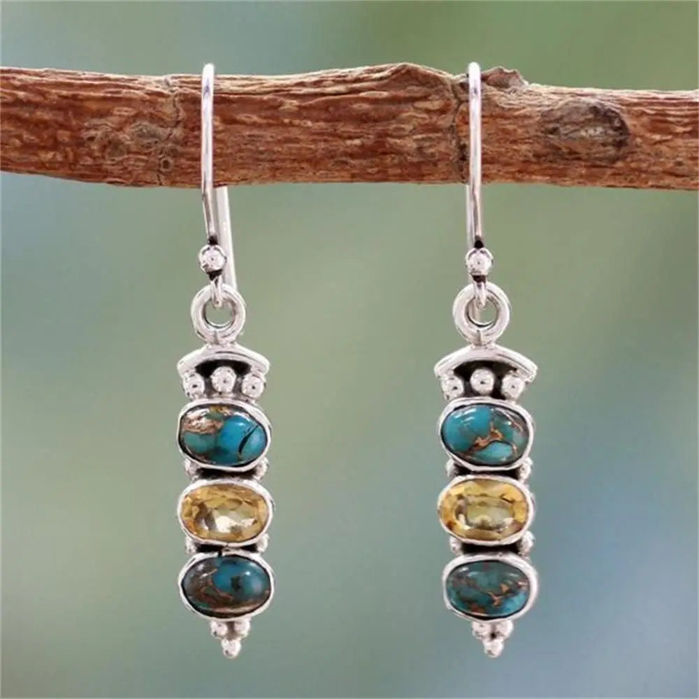 Vintage Women Natural Charm Multi-Gemstone Rainbow Moonstone Peridot Amethyst Turquoise Pendant Earrings Dangle Earrings Jewelry