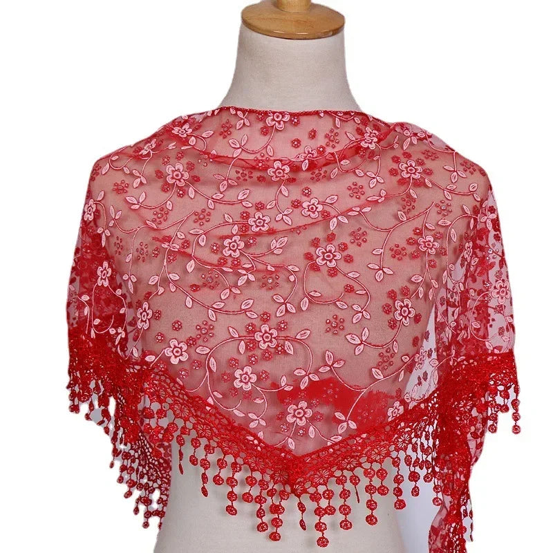Fashion Women Triangle Wrap Fringed Shawls Head Scarf Tassel Embroidery Lace Scarves Flower Hijab Bandana Prayer Kerchief Church