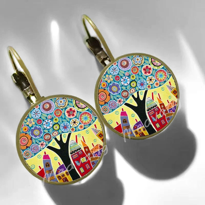 2024 Natural Scenery Earrings beautiful village Women Stud Earring  Abstract Oil Painting House Glass Cabochon Earrings  jewelry