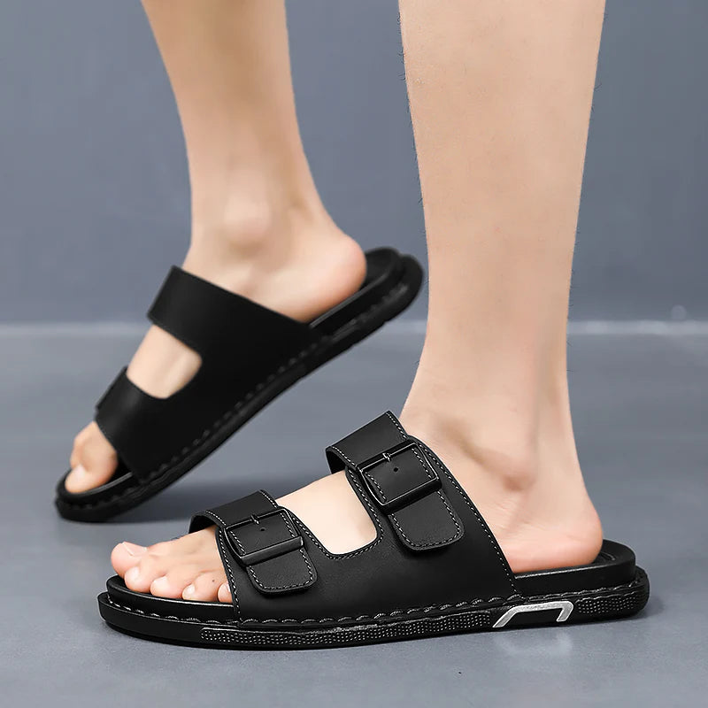 Fashion sandals for men, PU leather, metal details, buckle strap, plus size, summer beach men's mid heeled shoes, luxury sandals