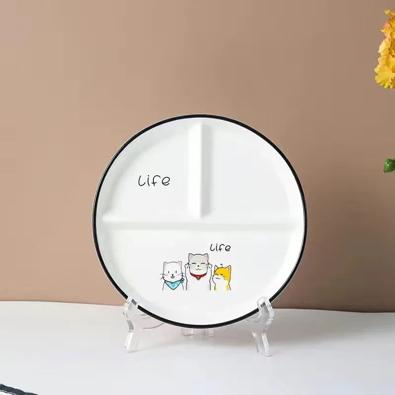 Ceramic Plate Cartoon Fat-reducing Sub-plate, Sub-plate, Household Dish Plate, Three-plate Breakfast Plate, Tableware Gift Set