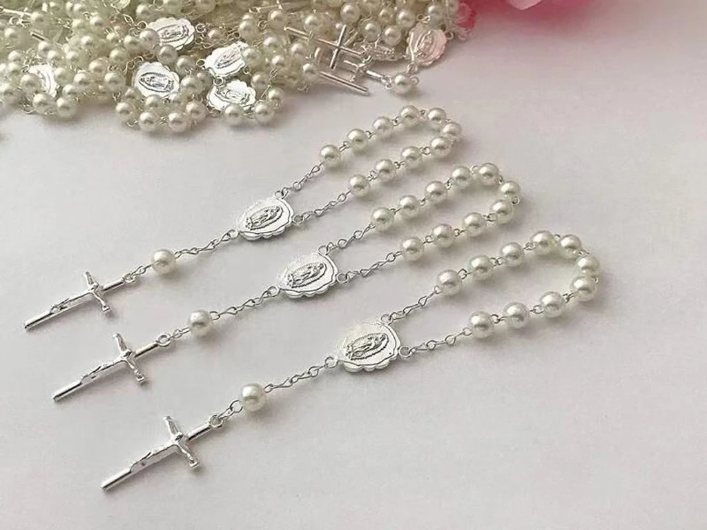1Pcs Baby 6mm Glass Pearl Rosary Bracelet Eucharist Gift Cross Finger Chain Religion Mini Rosary Bracelet Pray