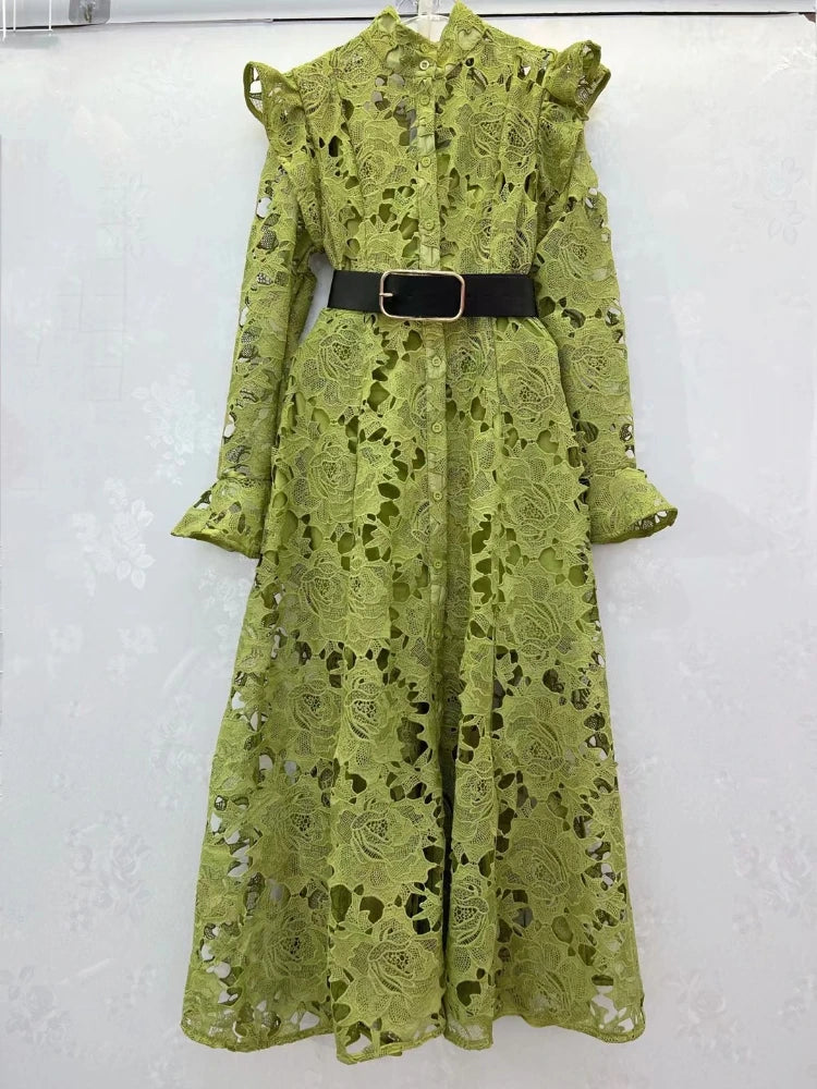 Minimalist Solid Dresses for Women Stand Collar Long Sleeve High Waist Spliced Hollow Out Slim Chic Dress Female Summer 2023
