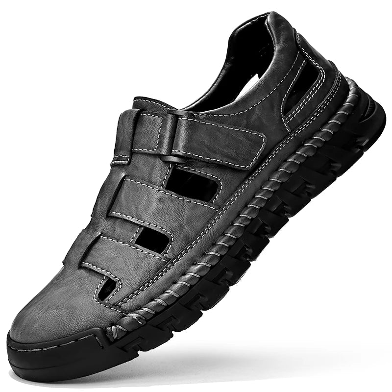 Summer Men Genuine Leather Outdoors Sandals Casual Leather Hollow Soft Bottom Breathable Soft Sole Shoes Classic Fashion Sandals