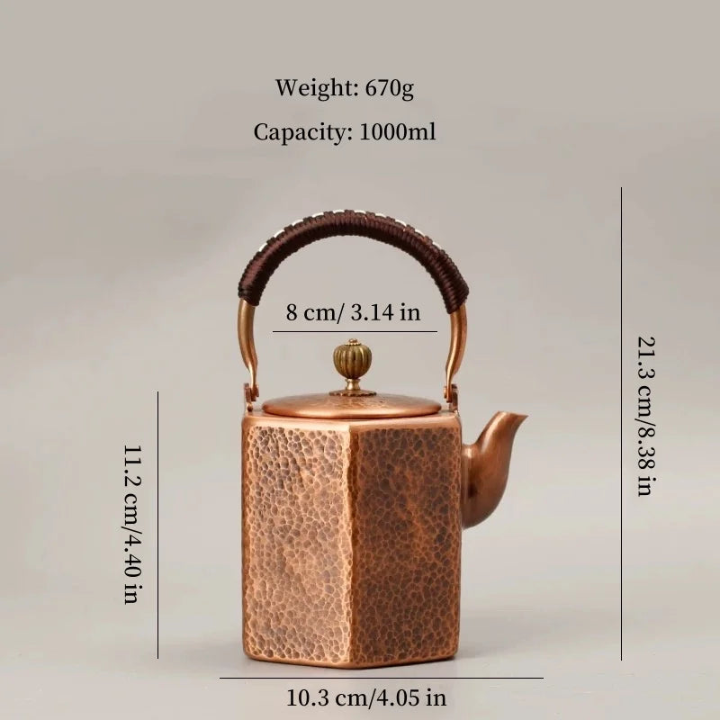 Pure Copper Coffee Pot,Retro Creative Hexagon Teaware 1000 ml Milk Tea Filter Weave Heat Carry By Hand Kettle,Handcrafted Teapot