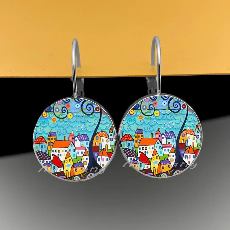 2024 Natural Scenery Earrings beautiful village Women Stud Earring  Abstract Oil Painting House Glass Cabochon Earrings  jewelry