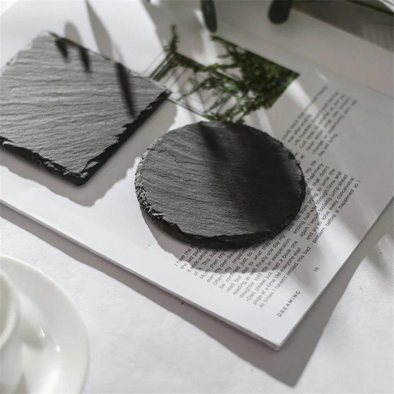 Round Natural Black Stone Slate Plate Serving Plate Cheese Pizza Dessert Cake Plate Western Steak Plates Cup Mug Rock Coaster