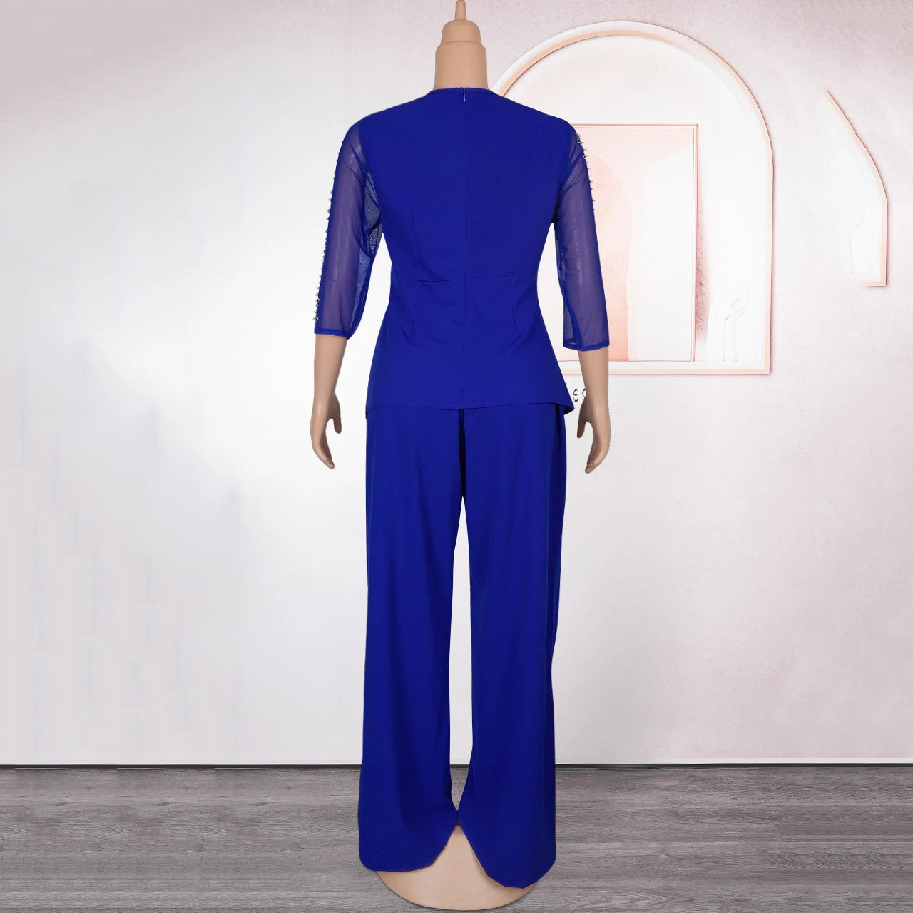 Women 2 Pieces Pants Sets African Ladies Blouse & Long Trousers Beaded Diamond Transparent Sleeve Fashion Business Work Outfits