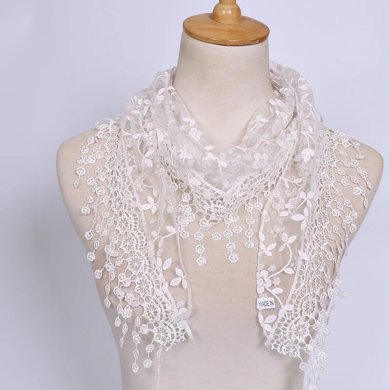 Women Embroidered Lace Tassel Scarf Triangle Fringe Solid Color Shawls Fashion Lightweight Prayer Hijab 150*40cm