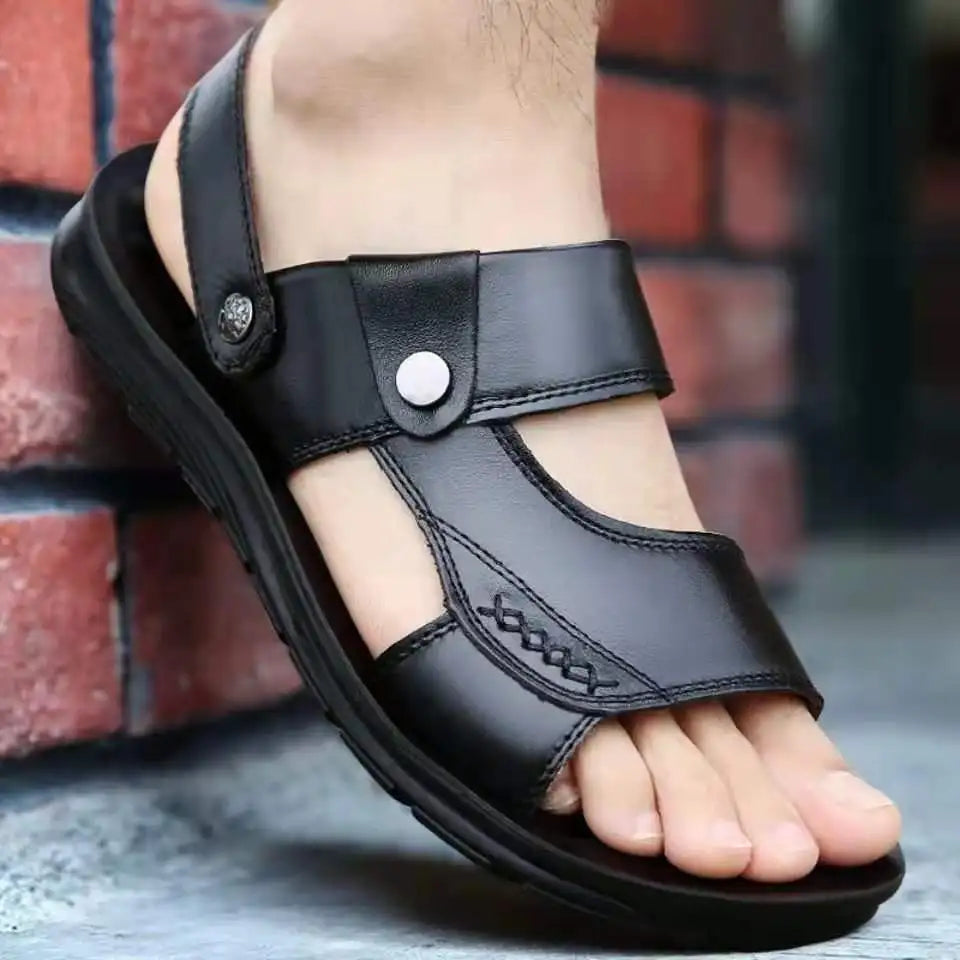 Men's Summer New Sandals and Slippers Men's Leather Sandals Adult Thick-soled Beach Shoes Non-slip Open-toe Leather Sandals