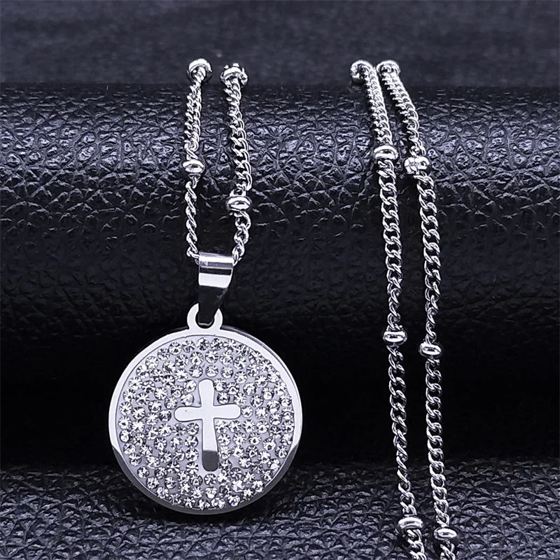 Simple Cross Pendant Necklace Stainless Steel Crystal Jesus Christ Necklaces Religious Jewelry corrente feminina N8249S02