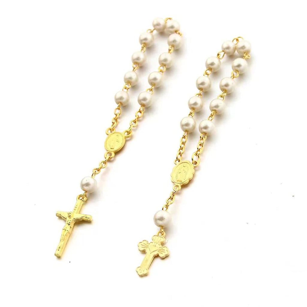 1Pcs Baby 6mm Glass Pearl Rosary Bracelet Eucharist Gift Cross Finger Chain Religion Mini Rosary Bracelet Pray