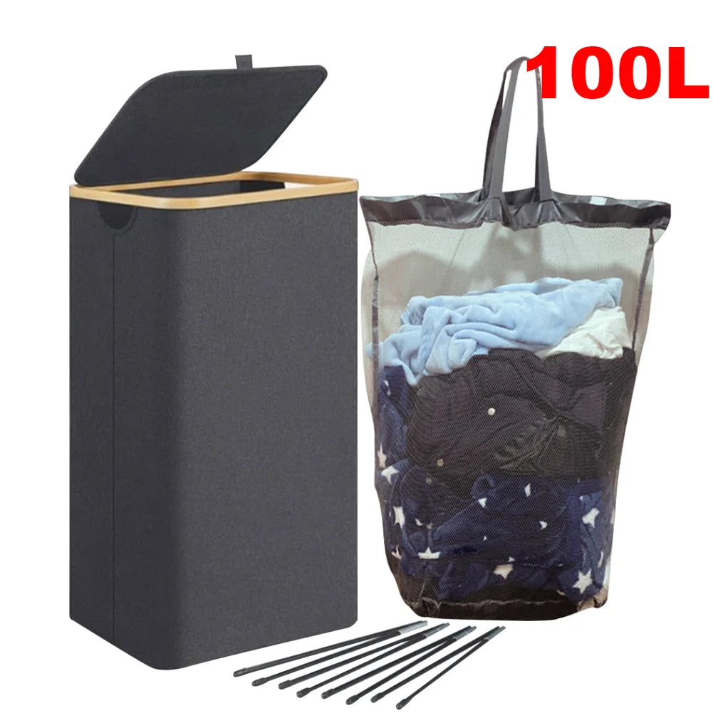 100L Dirty Clothes Bag Box Foldable Laundry Hamper Basket with Bamboo Handle&Lid with Removable Liner Bag for Laundry Room Dorm