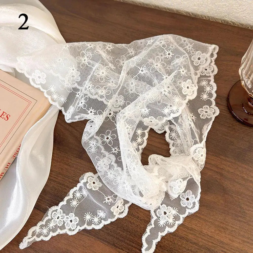 Elegant Lace Floral Hair Scarf Women Triangle Headscarf Korean Lace Up Neck Scarf Lace Flower Sunscreen Travel Photo Headband