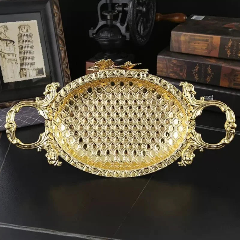 European Vintage Iron Art Metal Fruit Tray Gold round Serving Plate Home Living Room Decor Kitchen Storage Dish