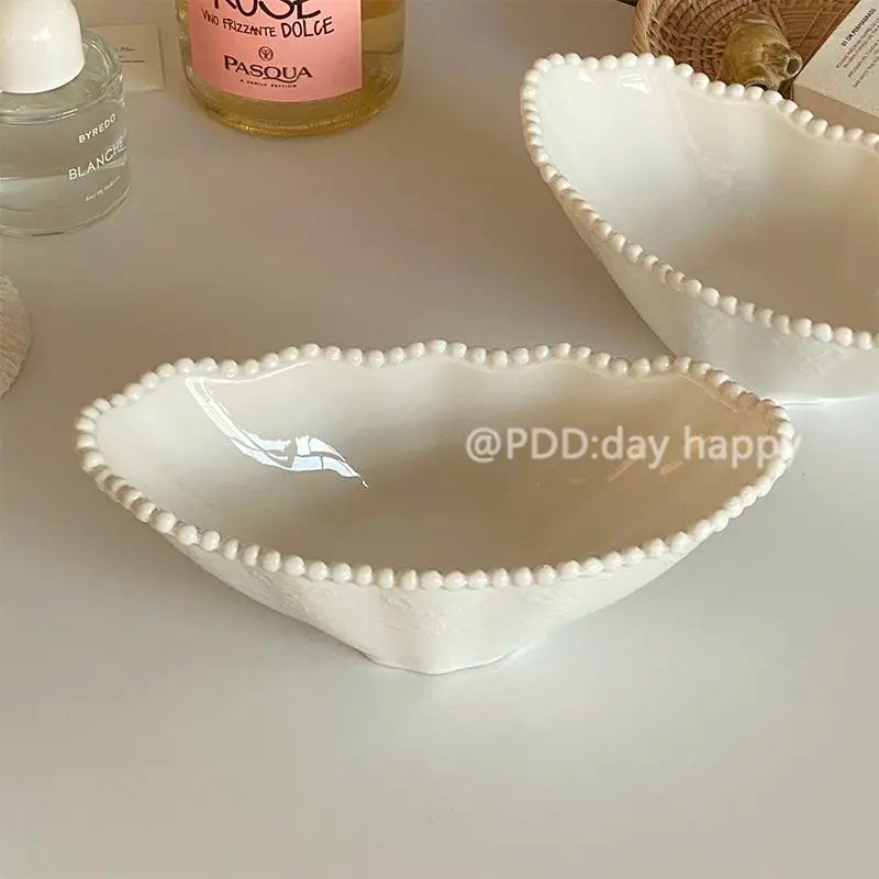 Ins Style Light Luxury Solid Color Bead Bowl Wavy Edge Ceramic Salad Bowl High Aesthetic Breakfast Plate Exquisite Home