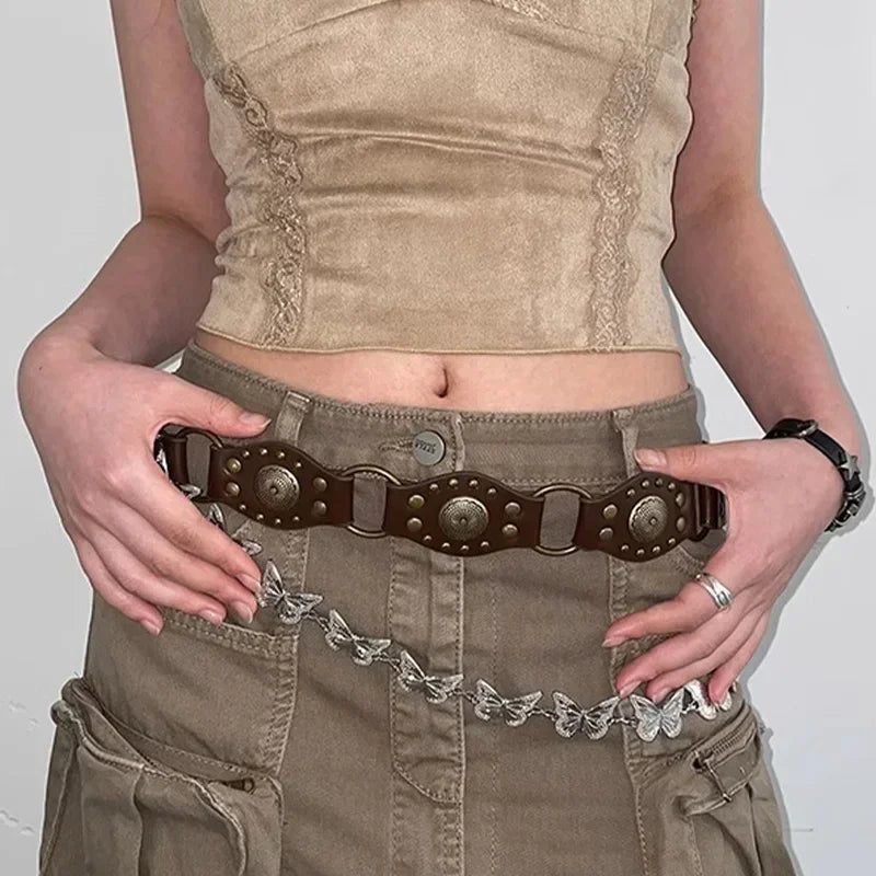 Vintage Circle Splicing Belts Cowboy Hollow PU Girdle Rivet Punk Metal Buckle Spice Girls Skirt Decoration Heavy Duty Wide Belt