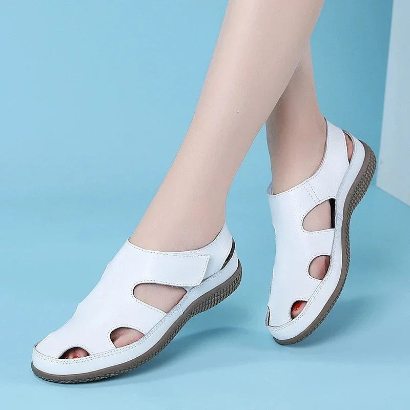 Women Sandals Genuine Leather Summer Ladies Comfortable Round Toe Ankle Hollow Sandals Female Soft Sole Sandals Woman