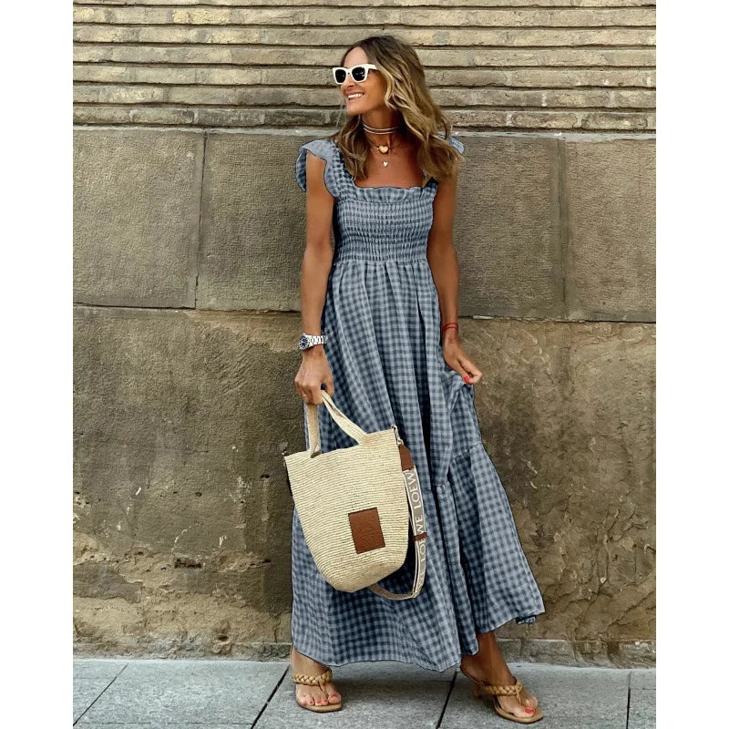 Luxury Ruffle Fly Sleeve Long Dress Square Neck Large Swing Plaid Party Evening Dress Casual Retro Beach Holiday Women's Clothes
