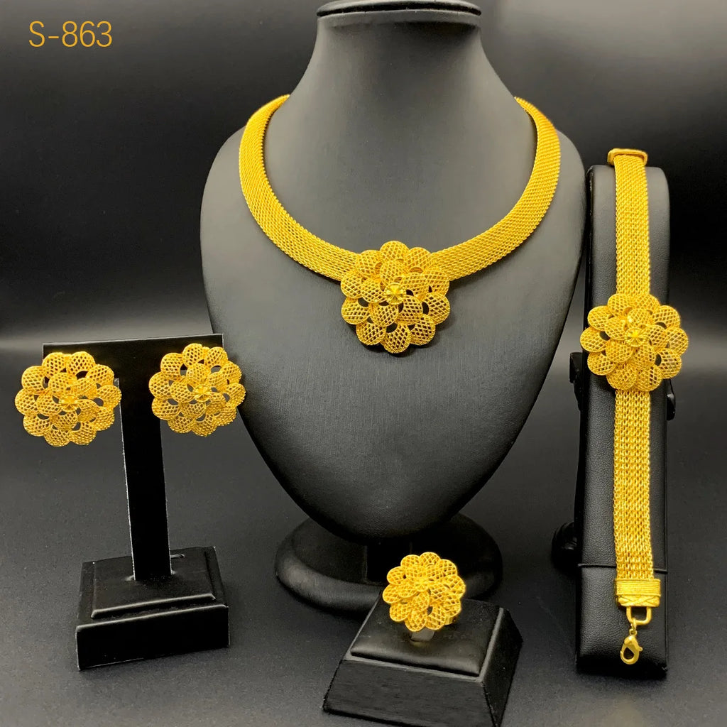 Luxury Wedding AU999 24K Gold Flower Jewelry Set! 4-Piece(Bracelet+Earrings+Ring+Necklace) Flattering, Newlywed Bliss Meaning