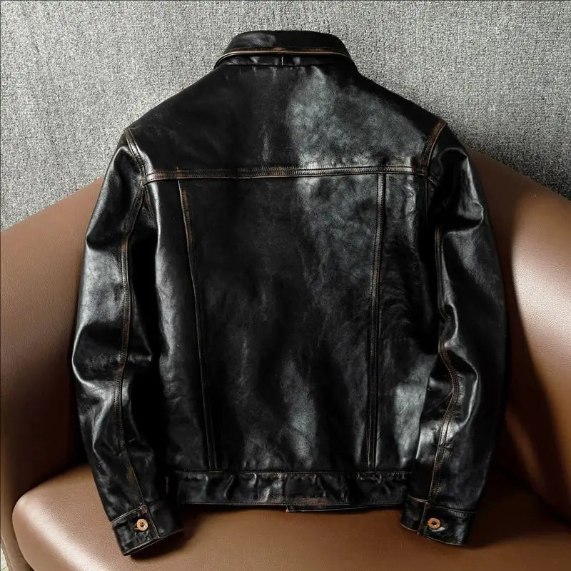 CC Shop Best.Classic American work leather jacket.Tea core Horsehide.Mens 100% natural leather coat.Vintage Denim 506 cloth