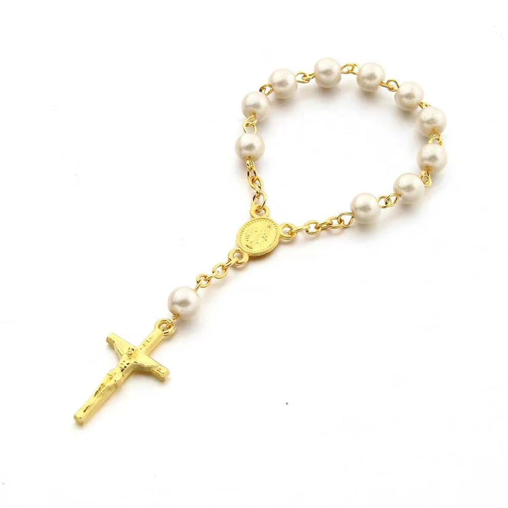 1Pcs Baby 6mm Glass Pearl Rosary Bracelet Eucharist Gift Cross Finger Chain Religion Mini Rosary Bracelet Pray