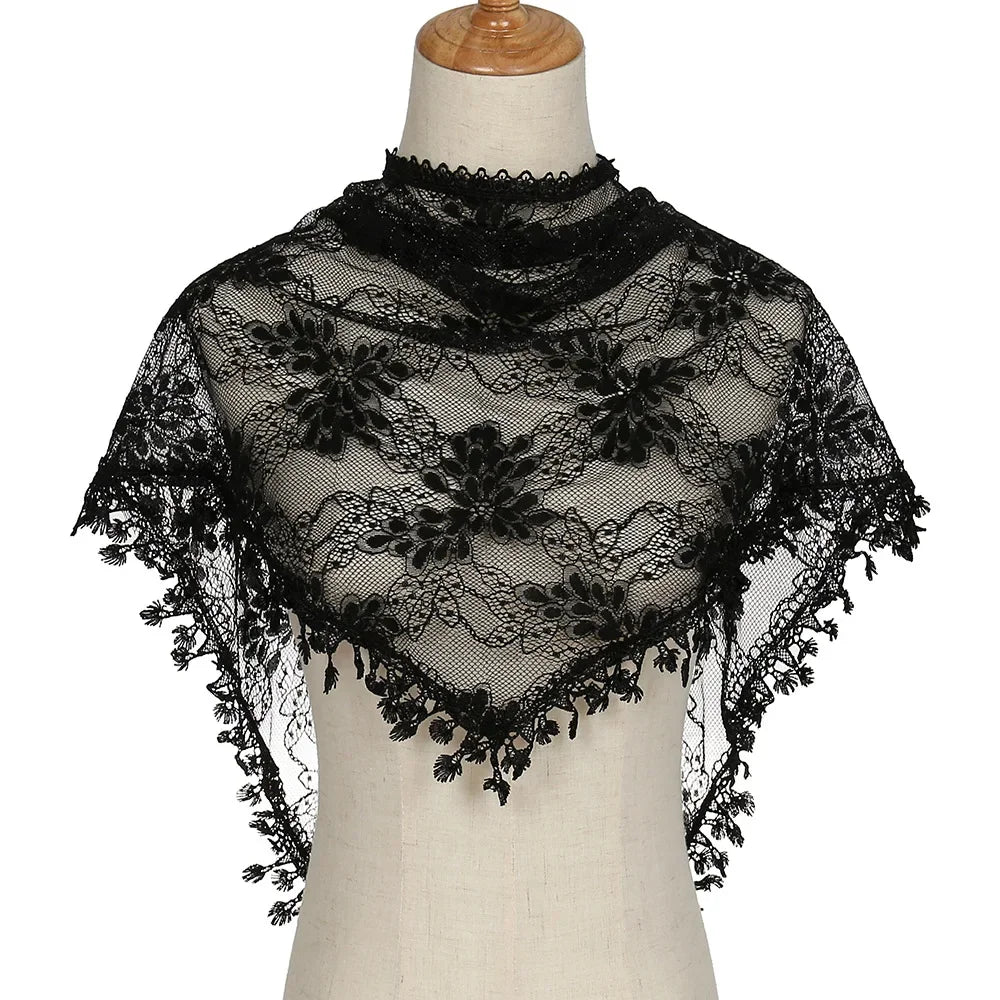 Fashion Women Triangle Wrap Fringed Shawls Head Scarf Tassel Embroidery Lace Scarves Flower Hijab Bandana Prayer Kerchief Church