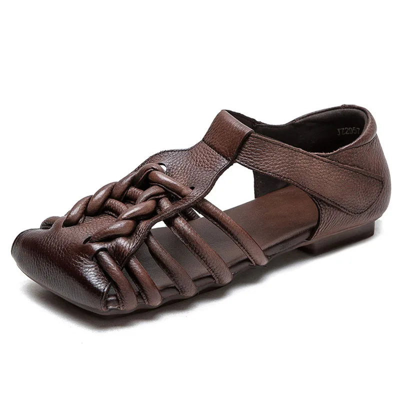 Genuine Leather Sandals Women Handmade Woven Literary Style Hollow Flat Roman Sandals Ladies Summer Shoes Sandalias