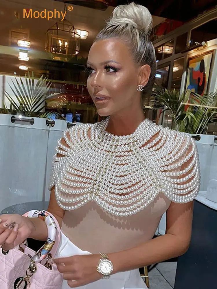 Fashion Pearl Shawl Tops Women 2025 O-neck Handmade Beading Shawl Top Ladies Party Female Elegant Shawl Tops