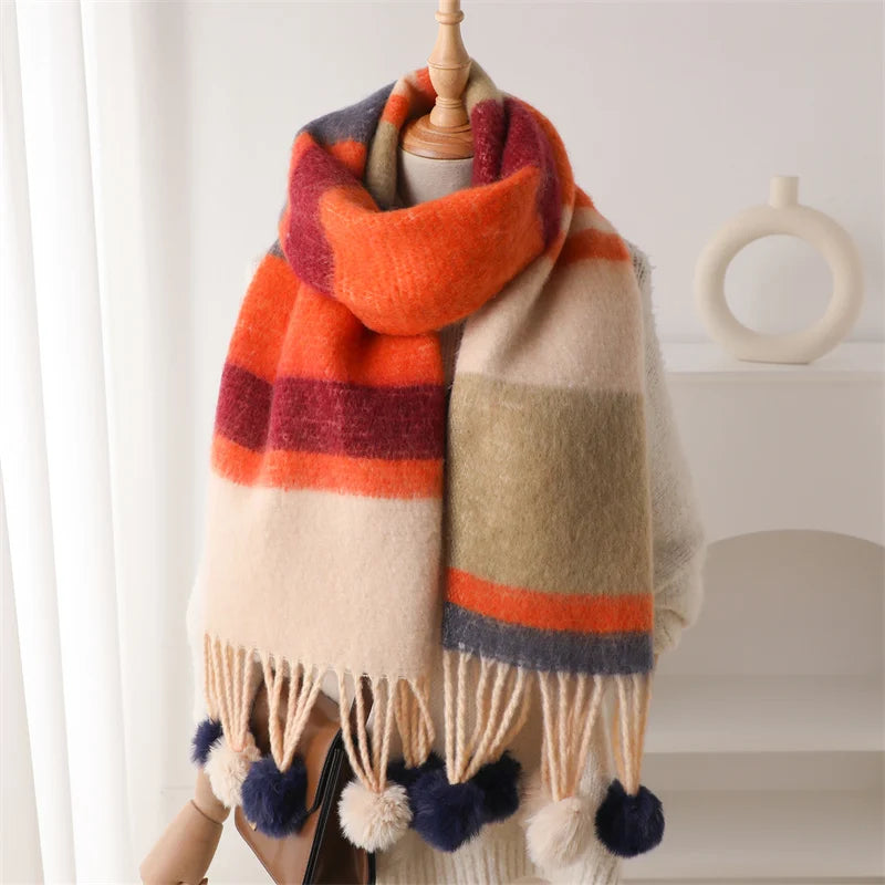 2024 Fashion Winter Design Multicolor Thick Warm Women Cashmere Like Looped Yarn Scarf Neck Shawls Tassel Pashmina Lady Men
