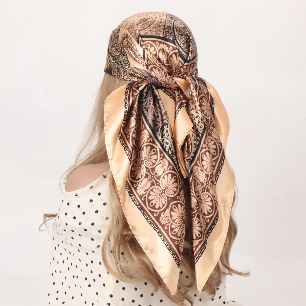 Silk Head Scarf Women Luxury Fashion Hair Scarve Summer Foulard Femme Satin Shawl Kerchief 90cm Square Headscarf Bandana Cheveux