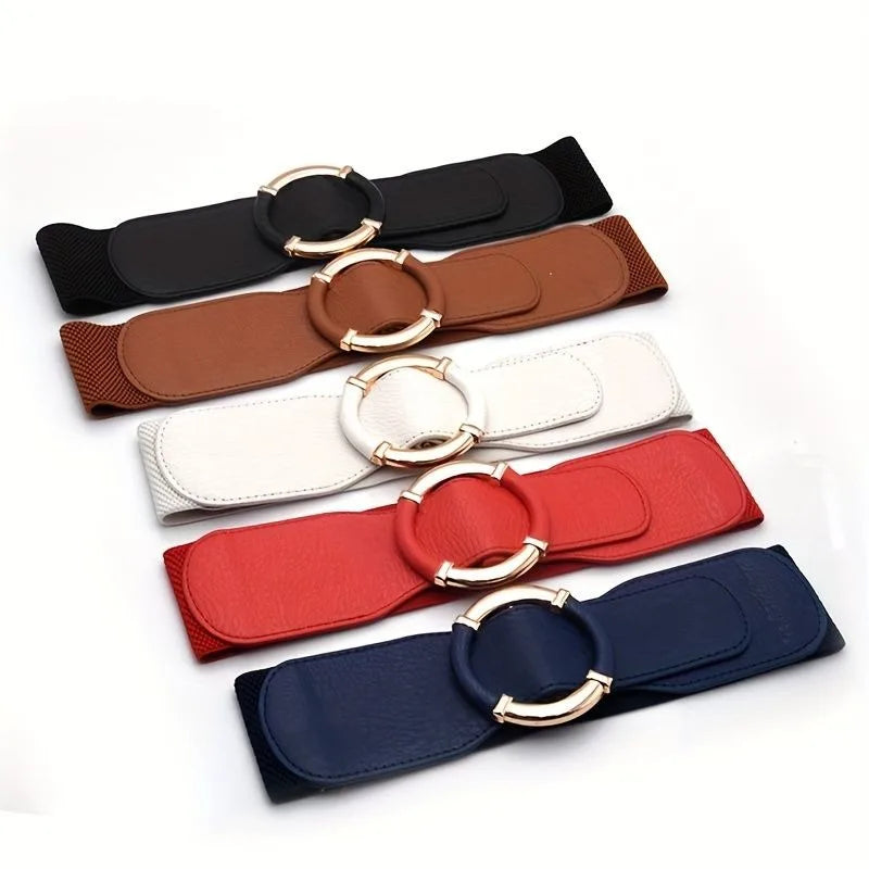 Solid Color Wide Belt Casual Stretchy Vintage Elastic Waistband Round Metal Buckle Dress Coat Girdle Women Apparel Accessories