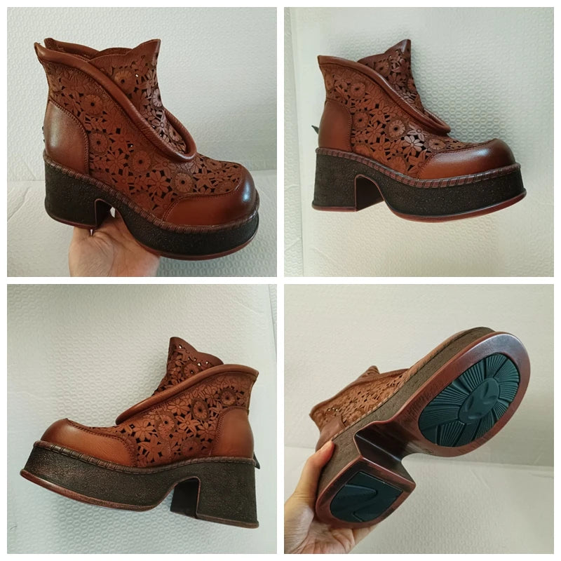 Koznoy 7.5cm Genuine Leather Sandals Ankle Booties Women Hollow Chimney Moccasins Fashion Summer Motorcycle Natural Boots Shoes