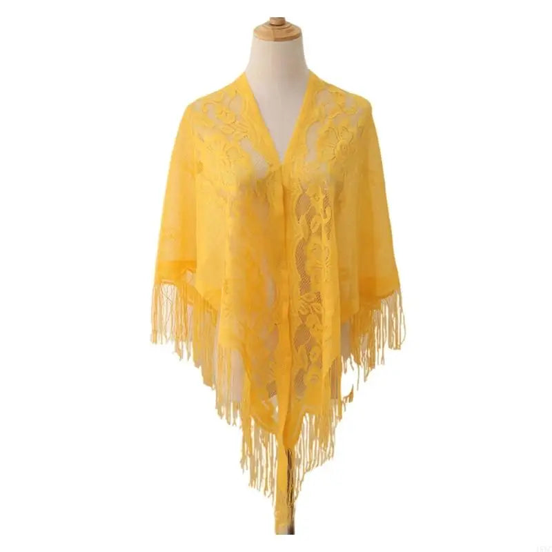 15YC Stylish Lace Ponchos with Fringed Edges Multiuse Shawl for Various Outfit Eye Catching Sunproof Triangle Shoulder Wrap