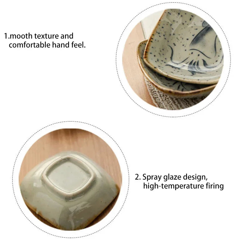 Japanese Cartoon Antique Seasoning Dishes Ceramic Square Plate Creative Cartoon Seafood Sauce Dish Home Kitchen Tableware