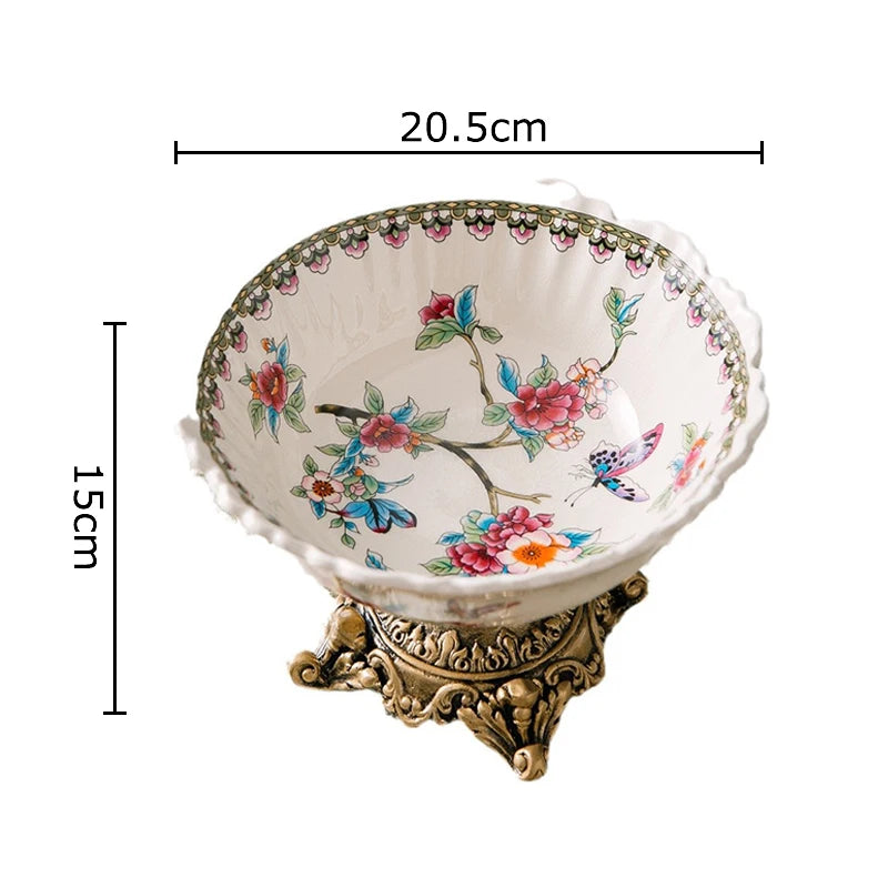 Classical Colorful Flower Pattern Fruit Bowl Storage Trays Snack Dessert Plate High Footed Fruits Plate Coffee Table Fruits Tray