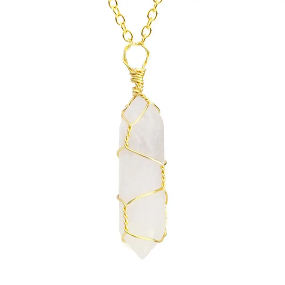 Jewelry Amethyst Tiger Eye Rose Quartz Natural Stone Hexagonal Cylindrical Crystal Necklace Wire Wrap Stone Pendant