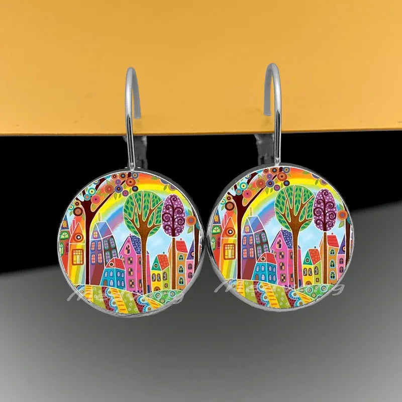 2024 Natural Scenery Earrings beautiful village Women Stud Earring  Abstract Oil Painting House Glass Cabochon Earrings  jewelry