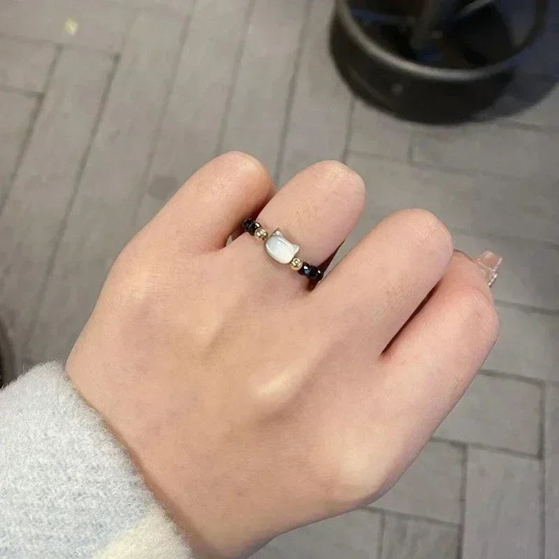 2pcs Natural Moonstone Obsidian Rings Beads Minimalist Fidget Ring Cute Black White Cat Ring Women Men Party Accessories Jewelry