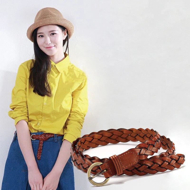 Women Leather Belt Waist Bands with Round Gold Buckle Braided Dress Belt Casual Thin Belt For Student Ladies Clothes Accessories