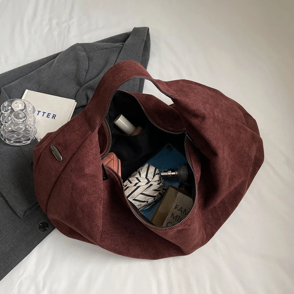 Women Suede Shoulder Bag Slouchy Tote Bag Large Capacity Underarm Bag Handbag for Work Travel