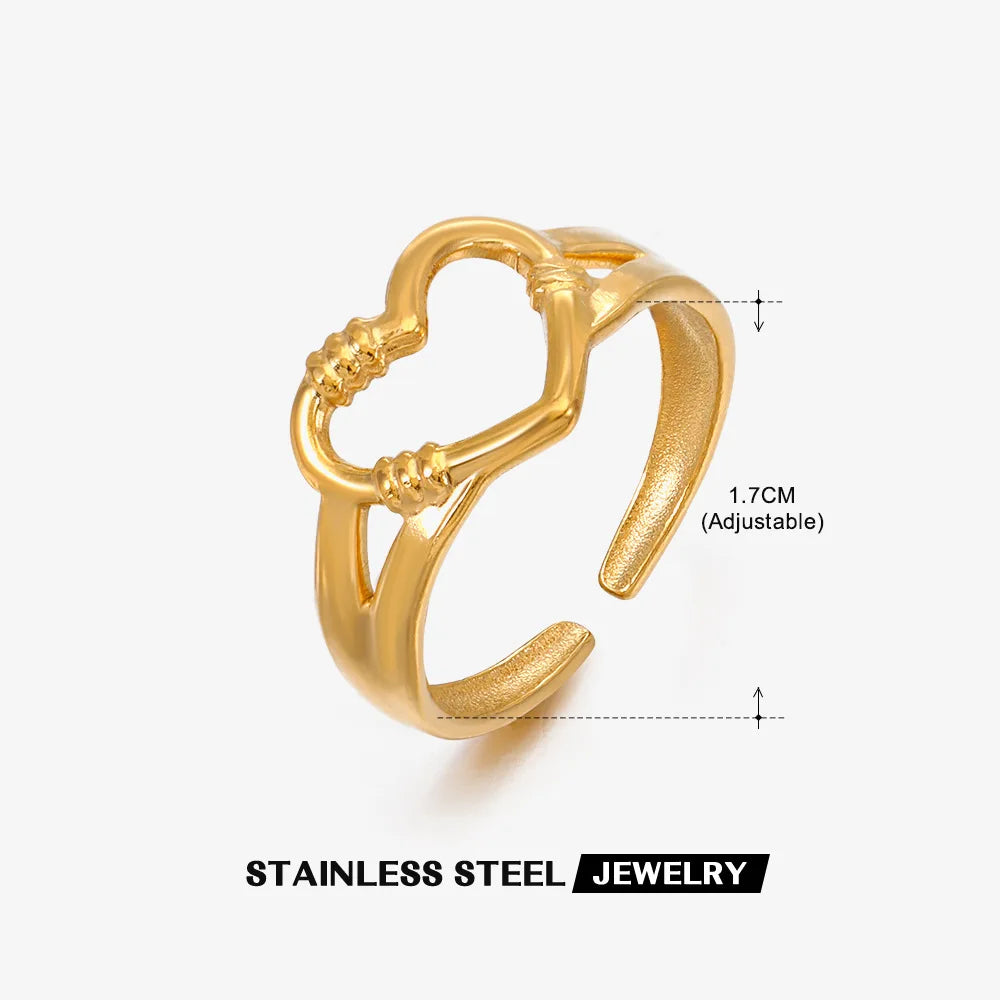 2023 New Gold Color Stainless Steel Finger Ring Minimalist Metal Heart Love Opening Ring for Women Girls Party Jewelry Gift