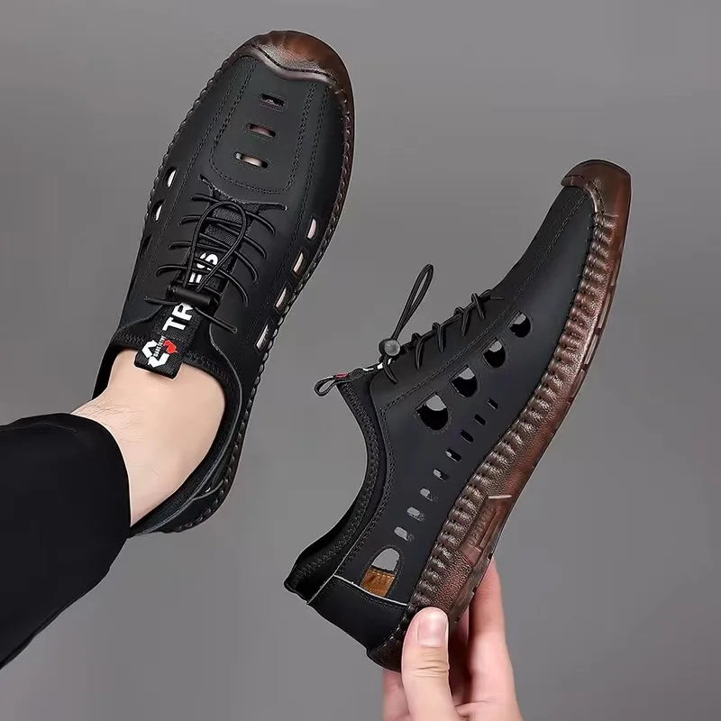 Men's Soft Leather 2024 Summer Men Leather Sandals Breathable Non-slip Cow Tendon Sole Casual Leather Shoes Outdoor Beach Shoes