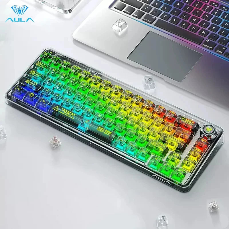 AULA F68 Transparent Mechanical Keyboard 2.4G Wireless/BT/Wired Hot Keycaps Colored RGB Lights For Work Gaming E-Sport Keyboard