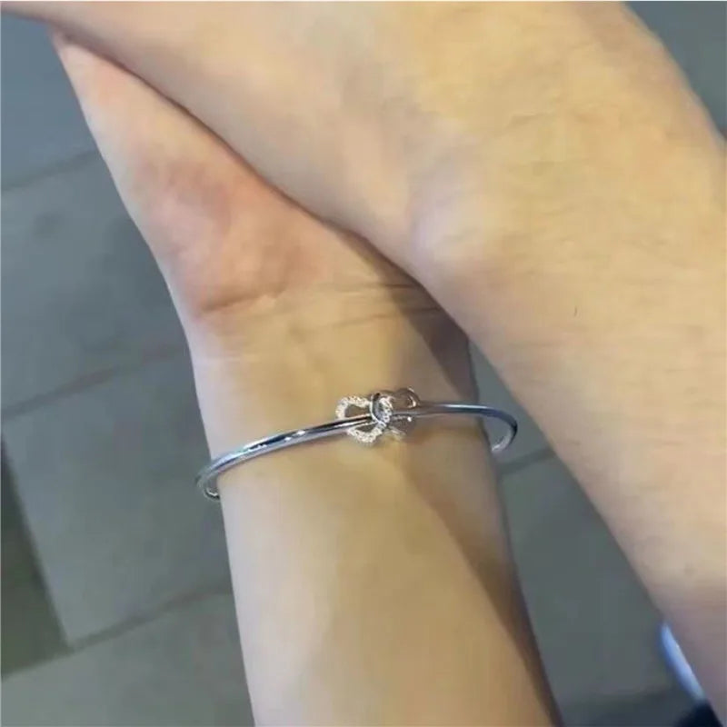 Fashion Silver Color Hollow Double Heart Bangle Women Shining Zircon Charm Bracelet Adjustable Minimalist Style Jewelry Gifts