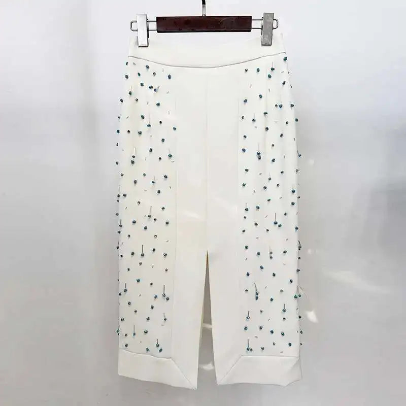 Luxury Crystal Midi Dresses 2 Piece Skirt Set Women Summer Beaded Crop Tops Single Breasted + Pencil Long Skirt Suit Work Outfit