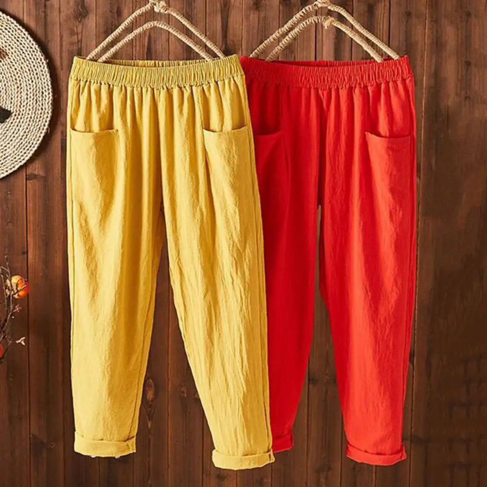 Cotton Linen Women Harem Pants Women Summer Casual Loose Harem Elastic Waist Cotton Linen Pants Ninth Trousers Wide-leg pants